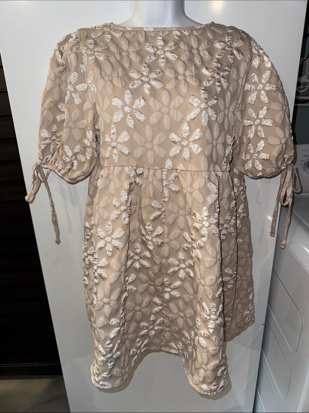 SHEIN Textured Floral Jacquard Mini Dress XL Beige Reversible Tie Front